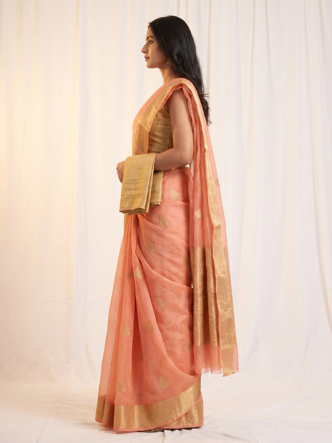 Peach Festive Wear Woven Organza Saree - Image 2
