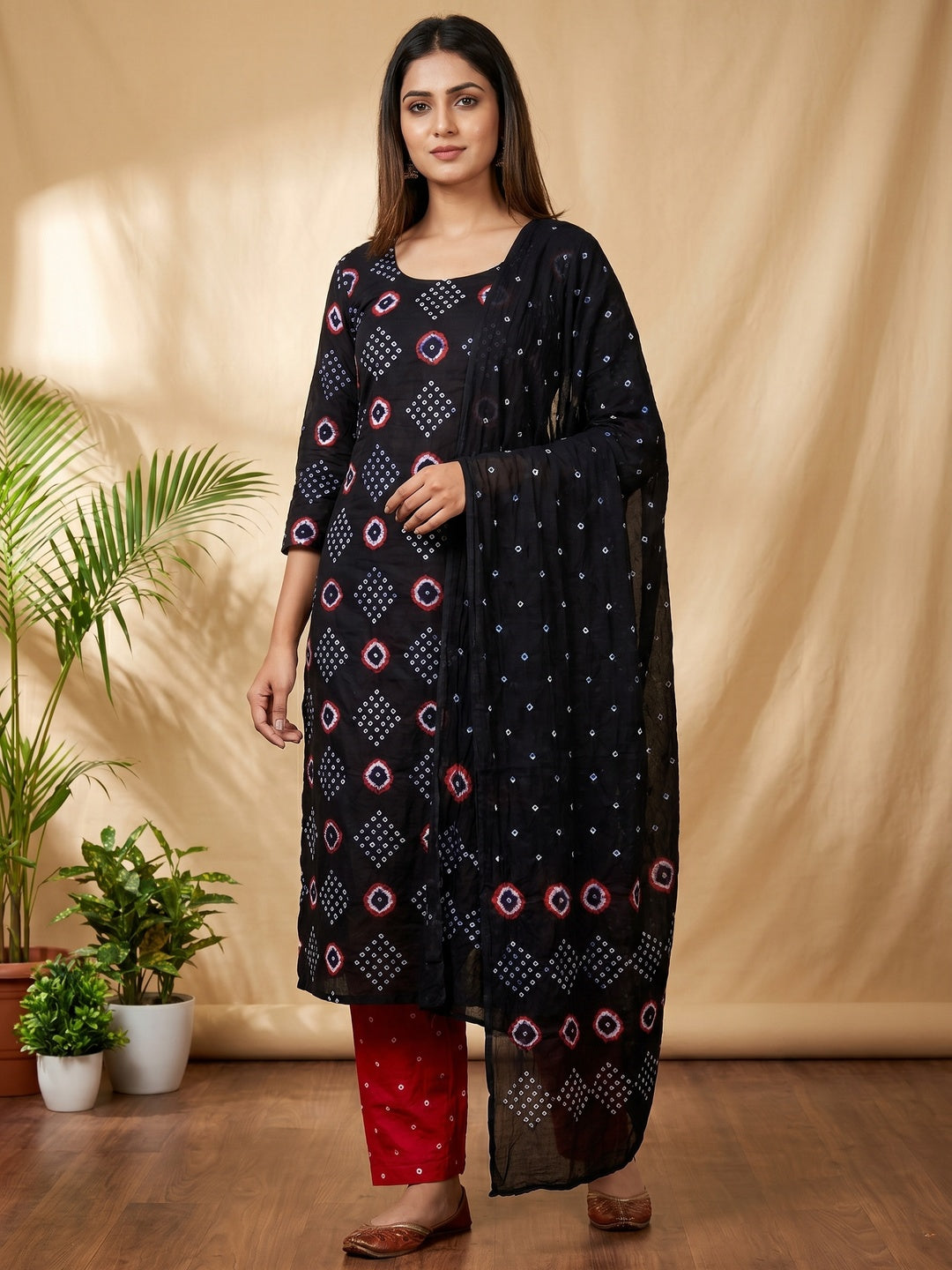 Navy Blue Bandhani Printed Cotton Dress Material - Image 1