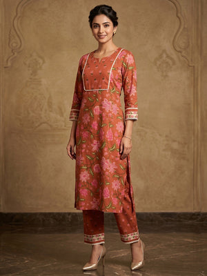 Rust Floral Printed Pure Cotton Straight Kurta with Pants Set - Image 1