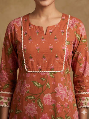 Rust Floral Printed Pure Cotton Straight Kurta with Pants Set - Image 2