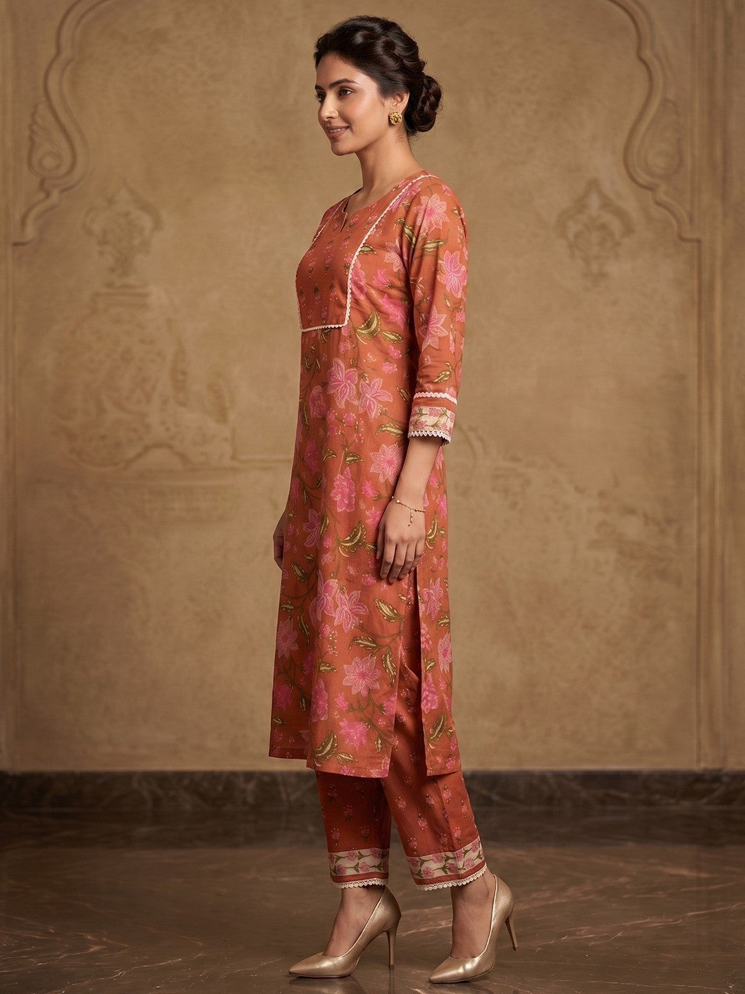 Rust Floral Printed Pure Cotton Straight Kurta with Pants Set - Image 4