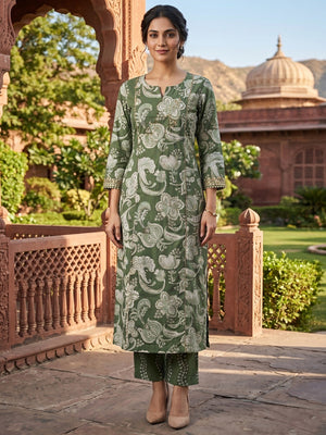 Elegant Green Floral Printed Pure Cotton Straight Top Bottom Set - Image 1