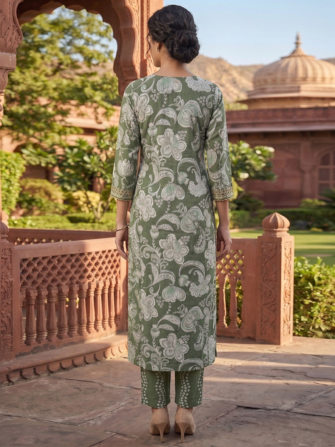 Elegant Green Floral Printed Pure Cotton Straight Top Bottom Set - Image 3