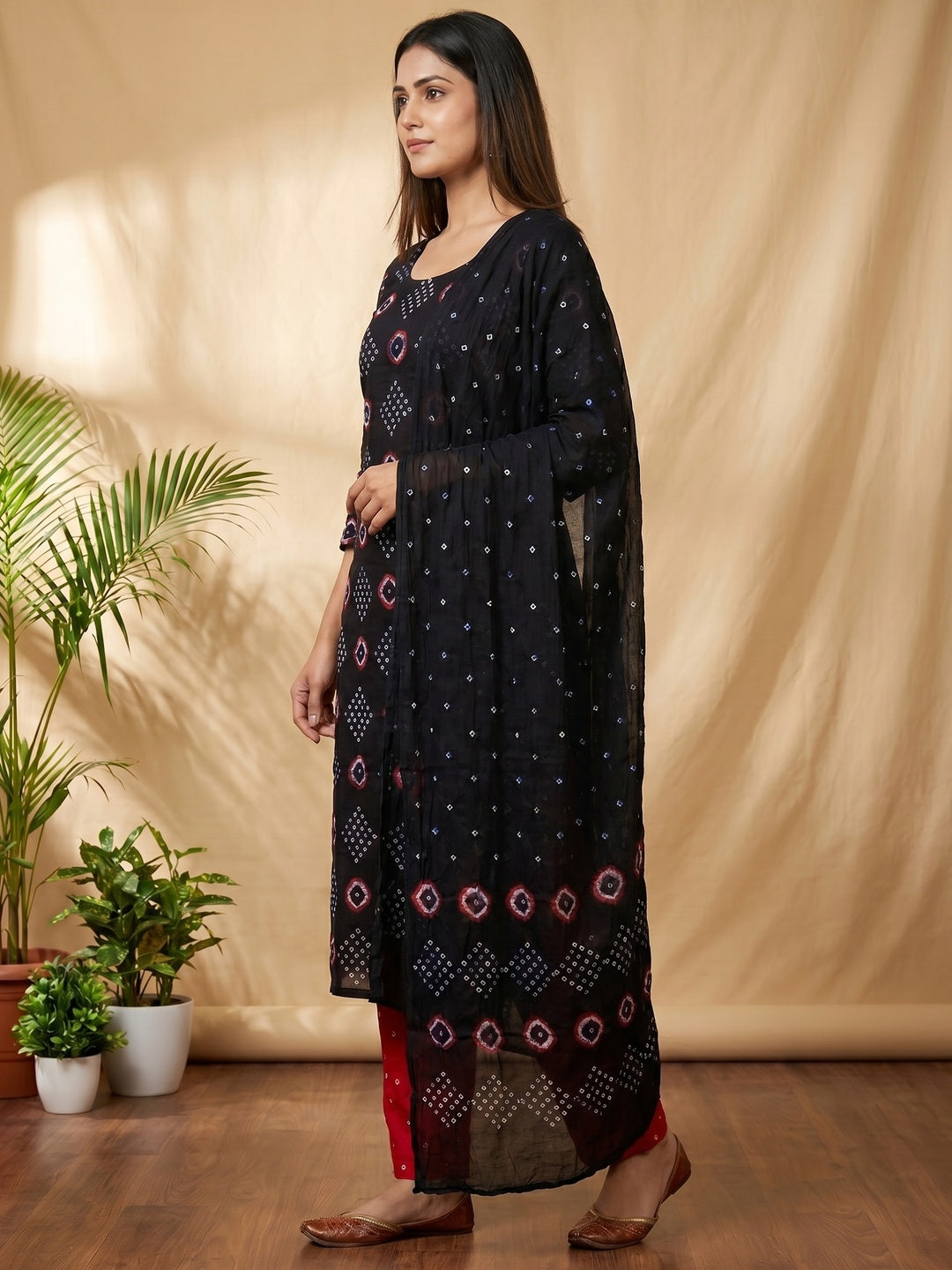 Navy Blue Bandhani Printed Cotton Dress Material - Image 2