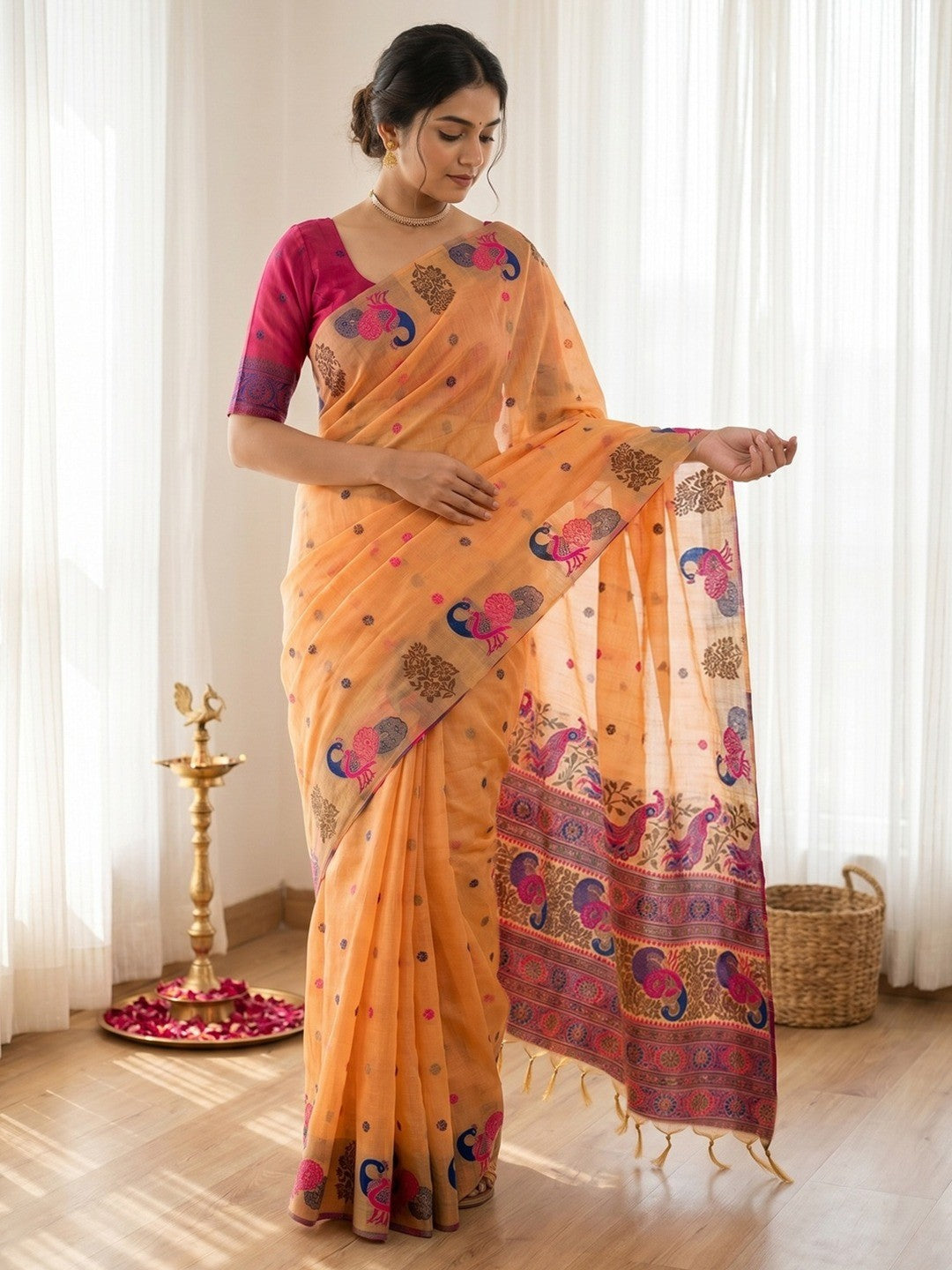 Elegant Orange Cotton Blend Saree with Traditional Peacock Woven Motifs - Image 1