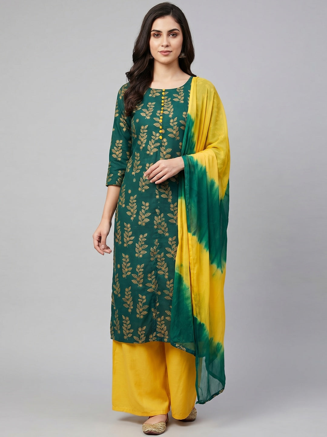 Green Floral Printed Cotton Dress Material - Image 1