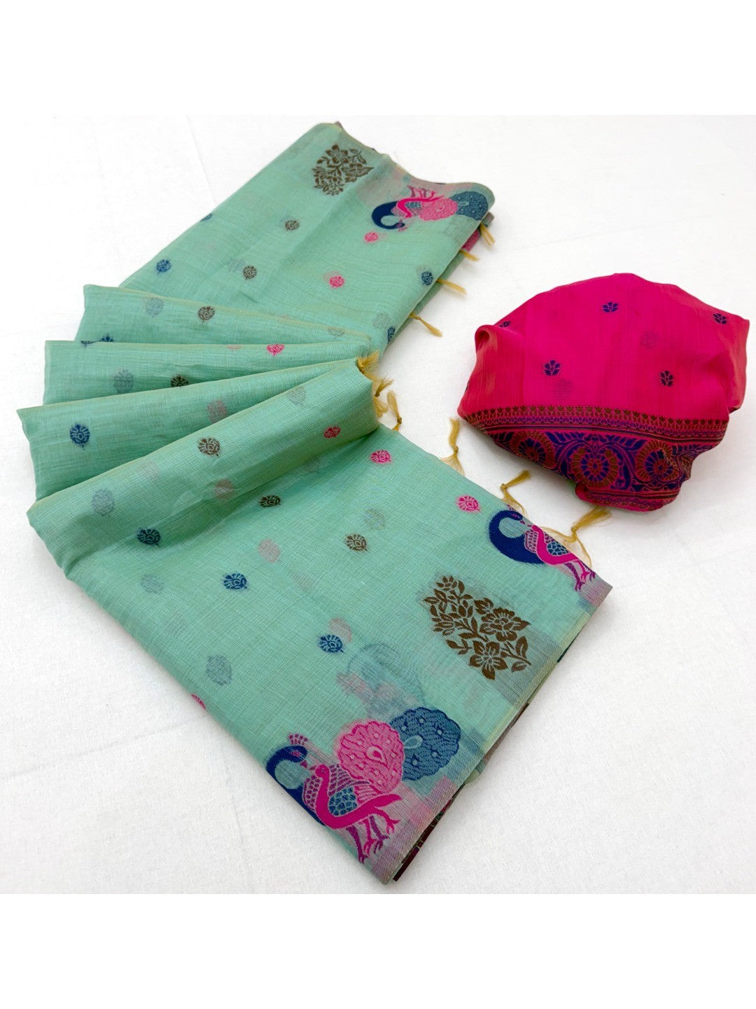 Elegant Turquoise Cotton Blend Saree with Traditional Peacock Woven Motifs - Image 3
