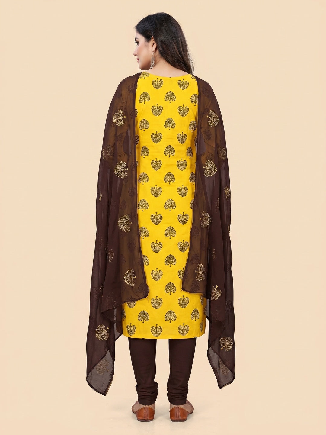 Yellow Printed Cotton Blend Dress Material - Image 2
