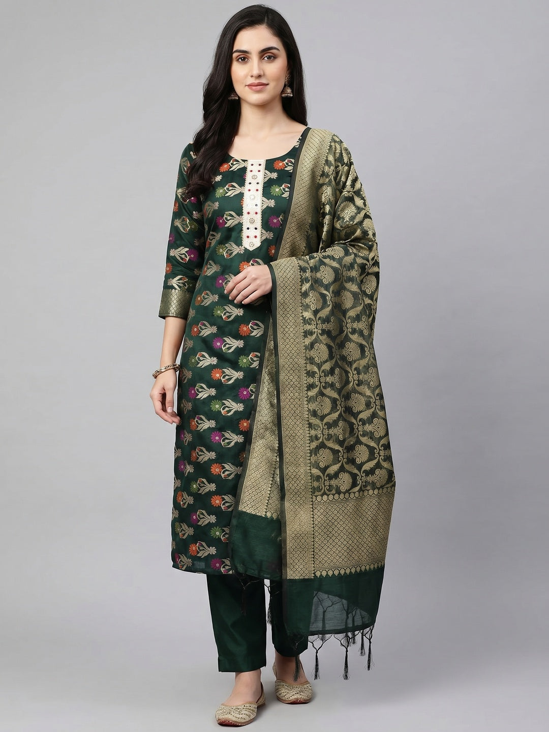 Green Woven Banarasi Dress Material - Image 1