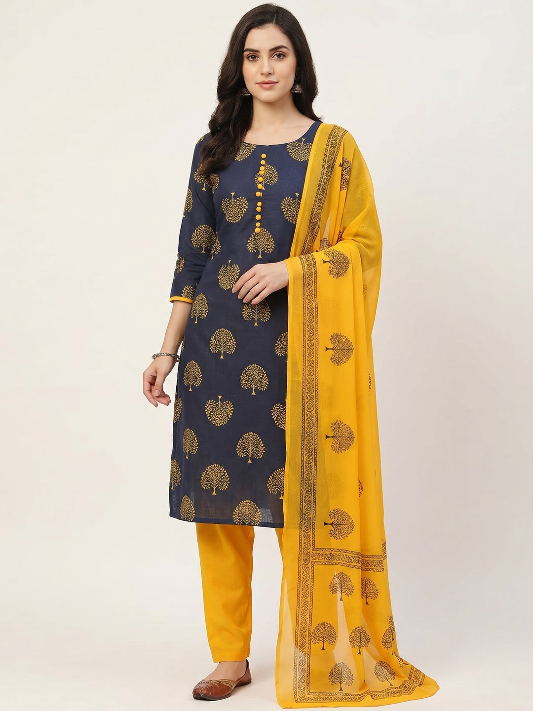 Blue Printed Cotton Blend Dress Material - Image 1