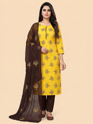 Yellow Printed Cotton Dress Material - Image 1