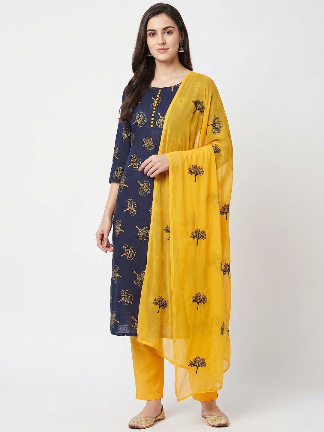 Navy Blue Printed Cotton Blend Dress Material - Image 1