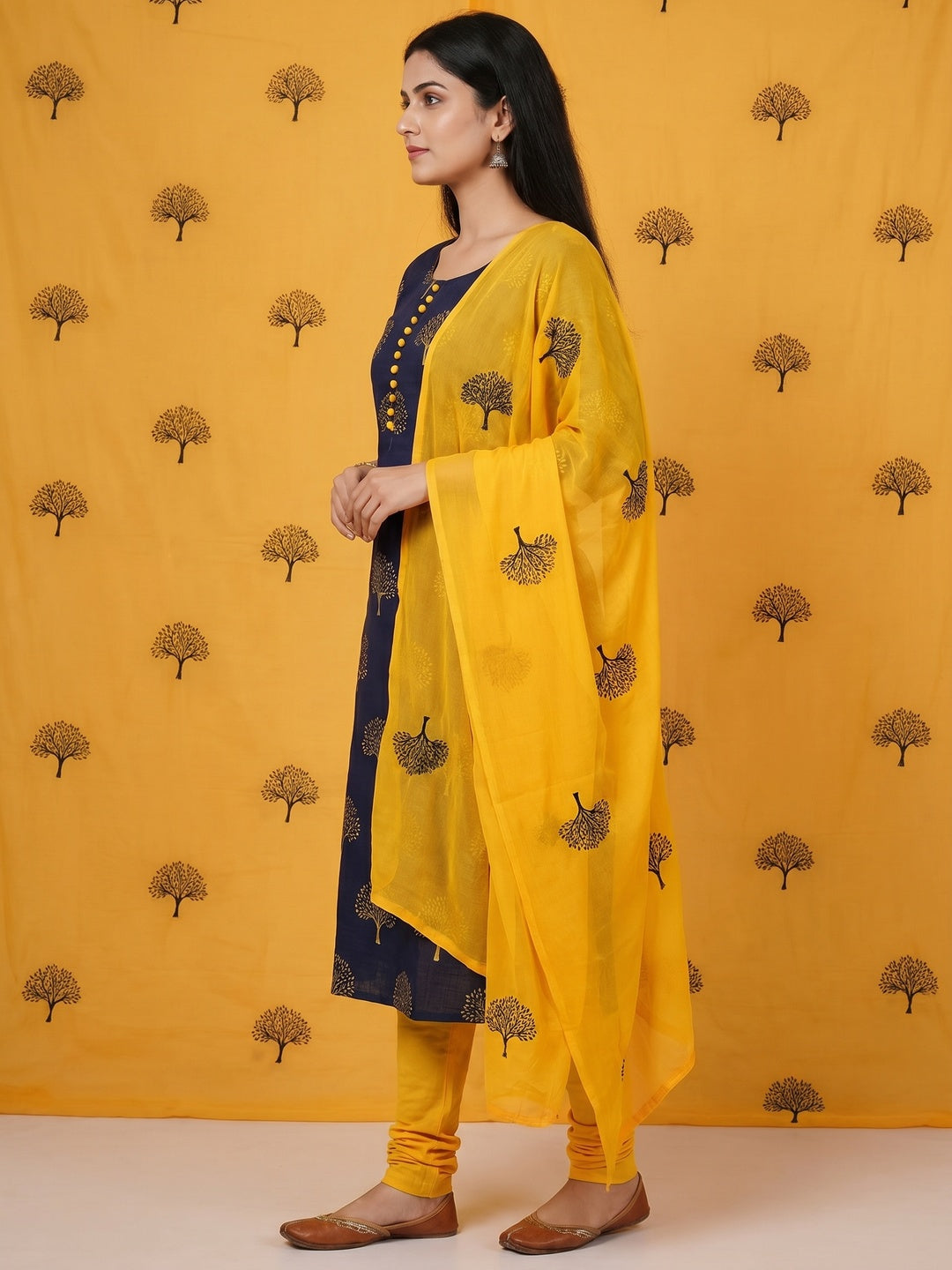 Navy Blue Printed Cotton Blend Dress Material - Image 3