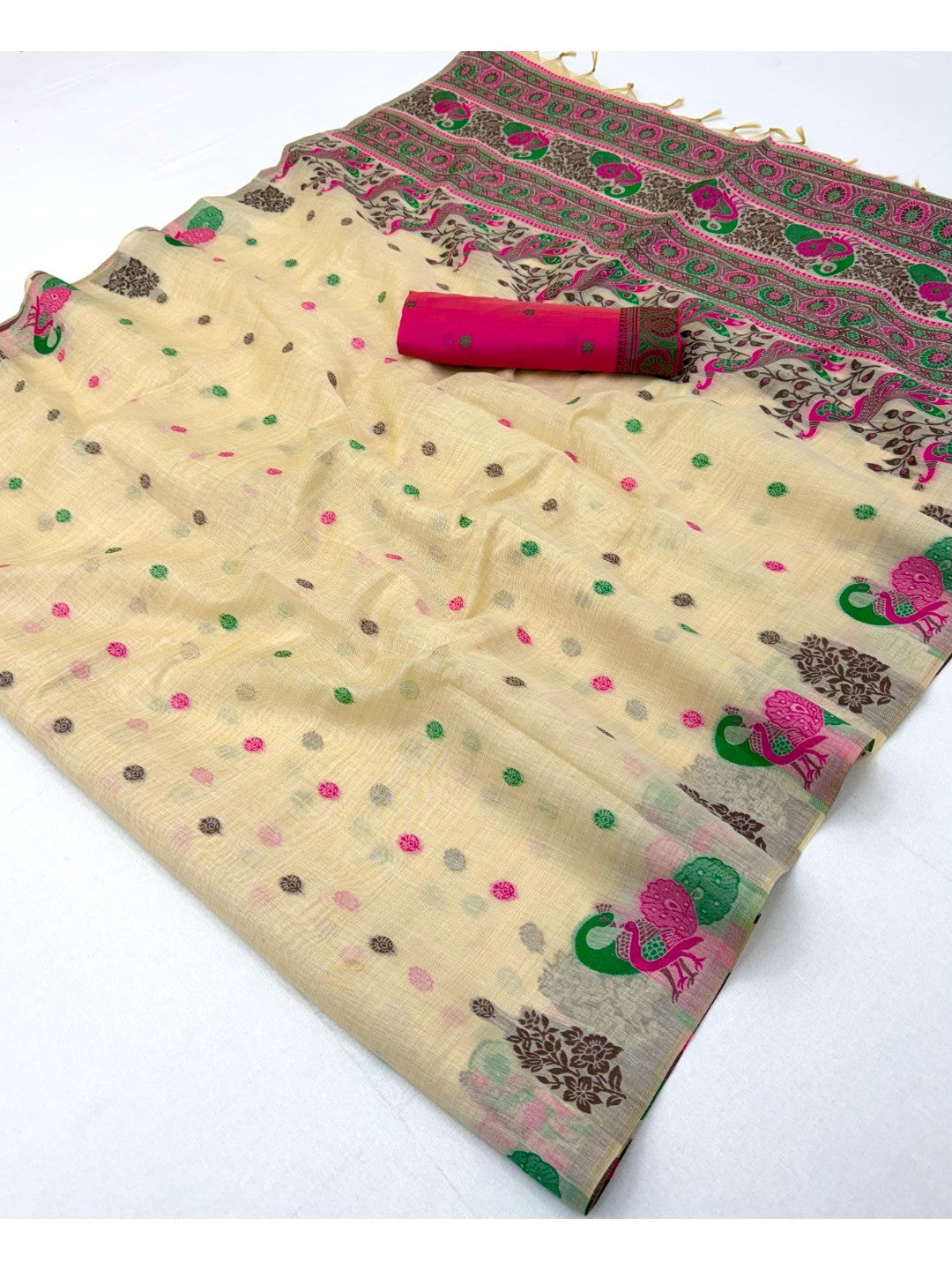 Cream Cotton Blend Saree with Traditional Peacock Woven Motifs - Image 2