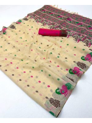 Cream Cotton Blend Saree with Traditional Peacock Woven Motifs - Image 2