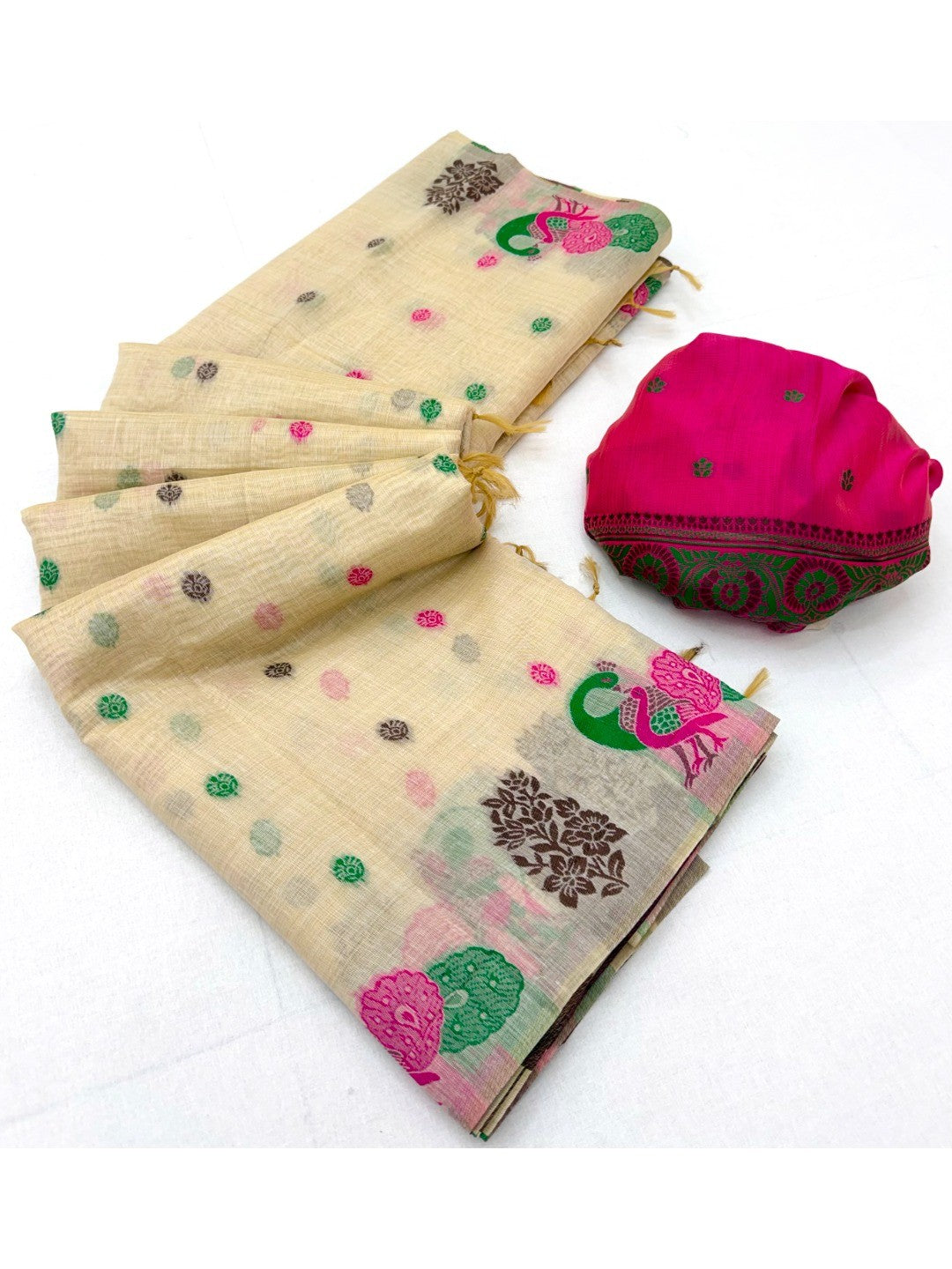 Cream Cotton Blend Saree with Traditional Peacock Woven Motifs - Image 3