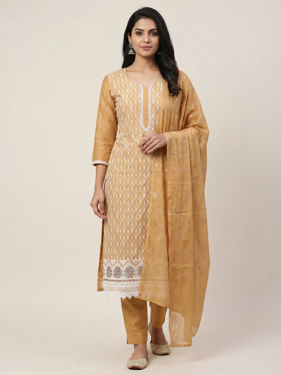 Beige Embroidered Chanderi Dress Material - Image 1