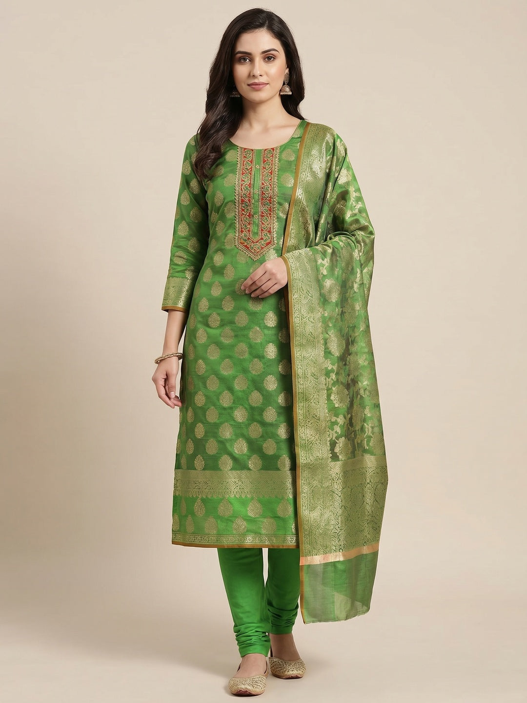 Green Woven Banarasi Dress Material - Image 1