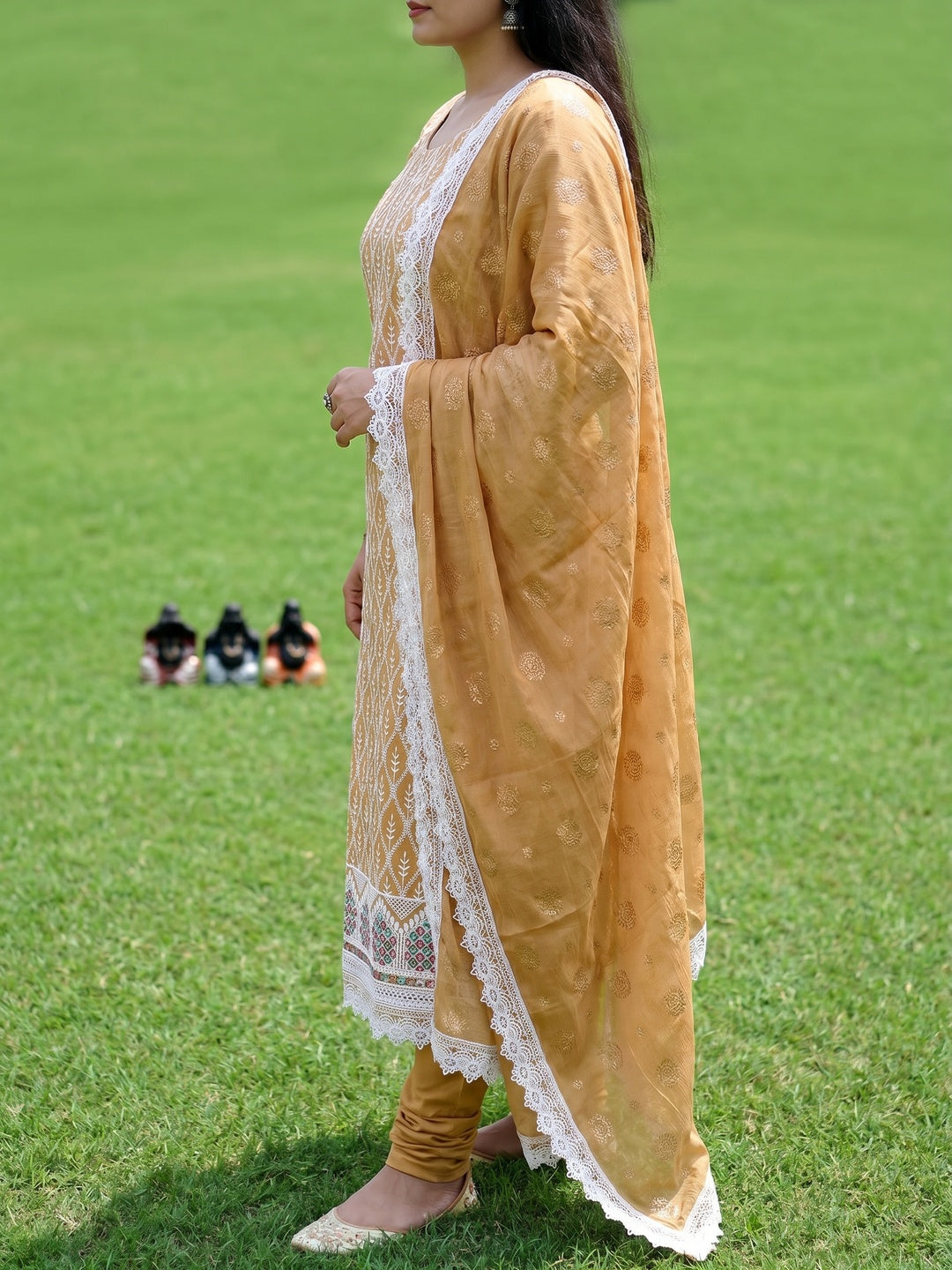 Beige Embroidered Chanderi Dress Material - Image 3