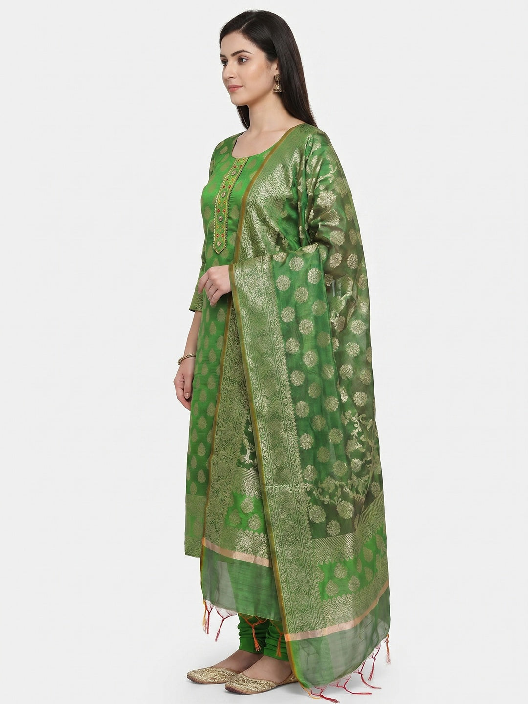 Green Woven Banarasi Dress Material - Image 2
