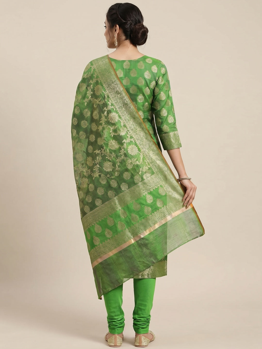 Green Woven Banarasi Dress Material - Image 3