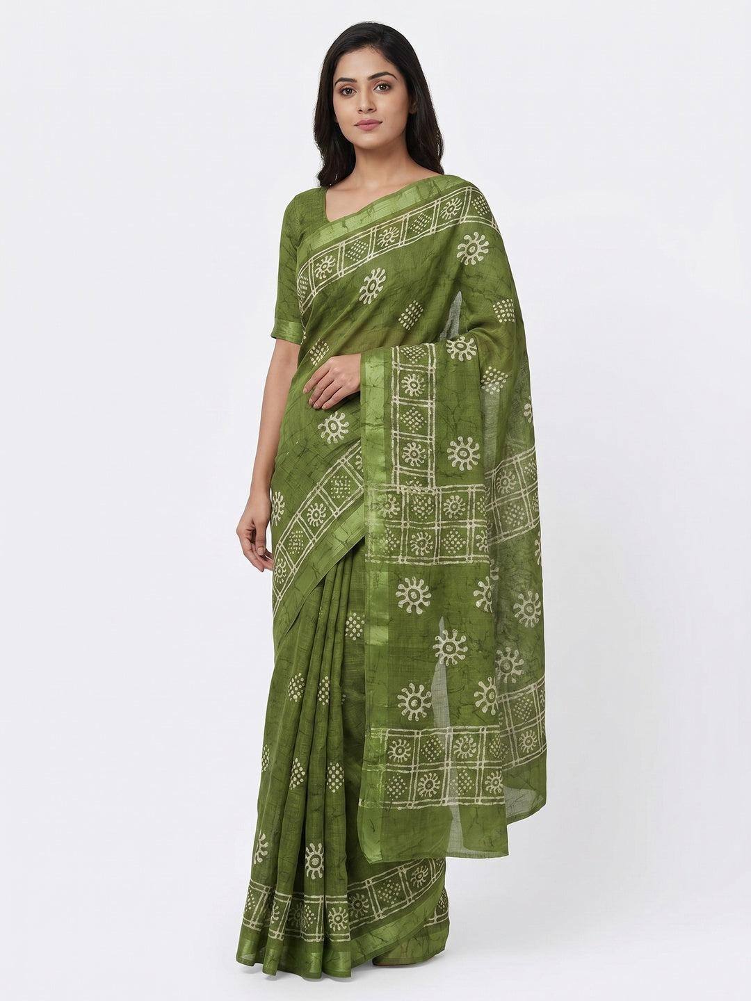 Green Printed Linen Saree - Image 1
