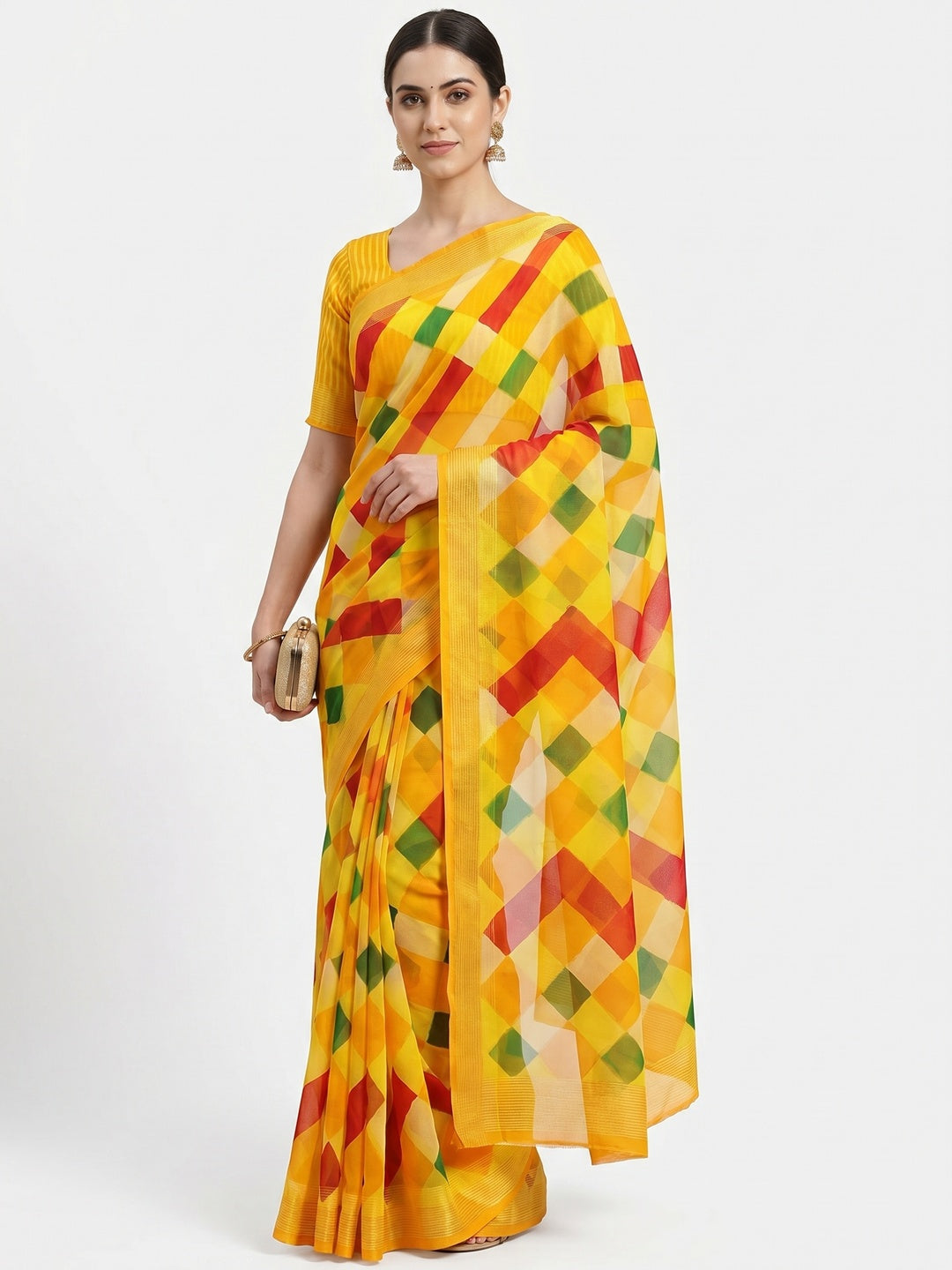 Yellow Cheks Printed Chiffon Saree - Image 1