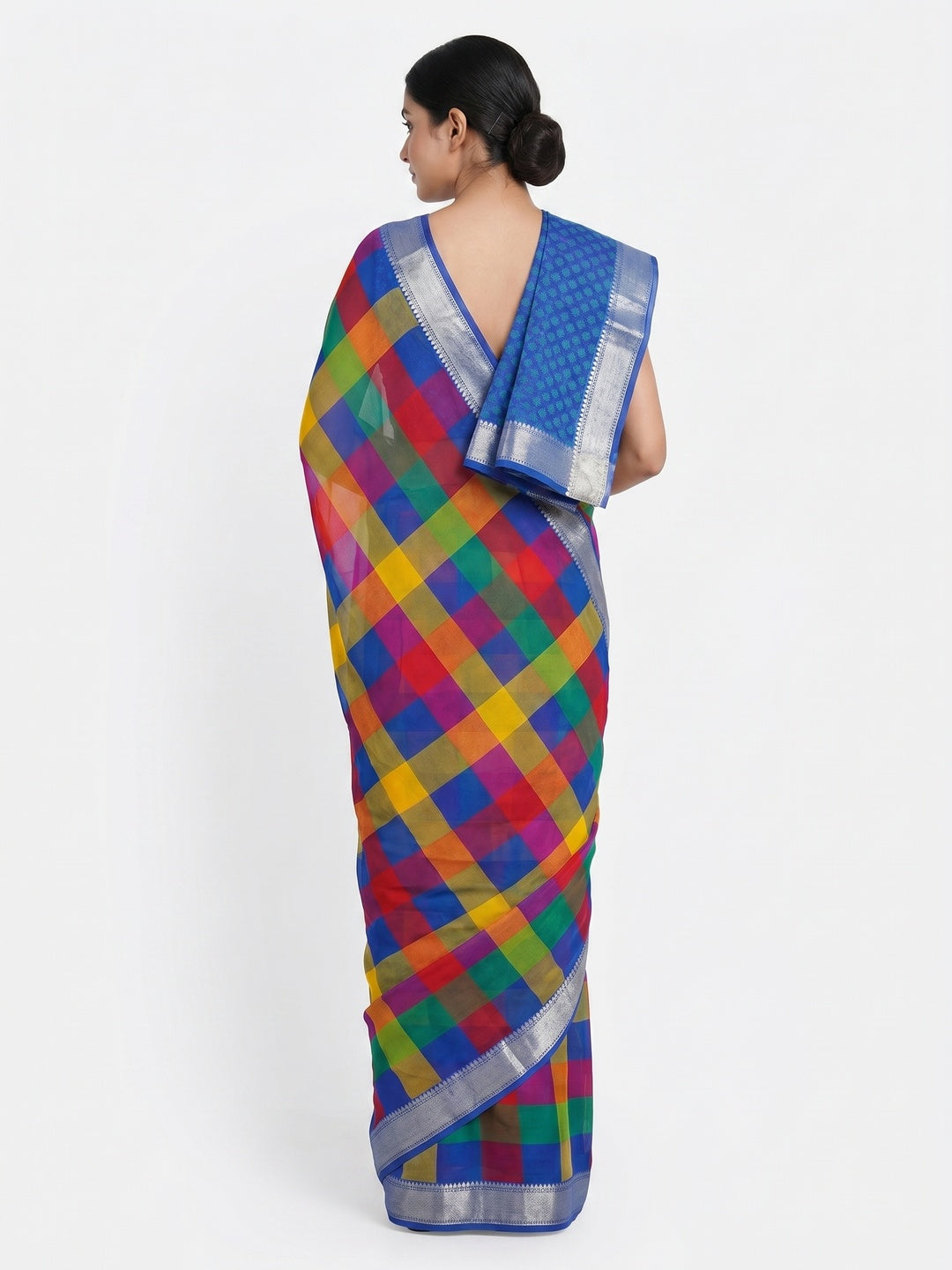 Blue Cheks Printed Chiffon Saree - Image 3