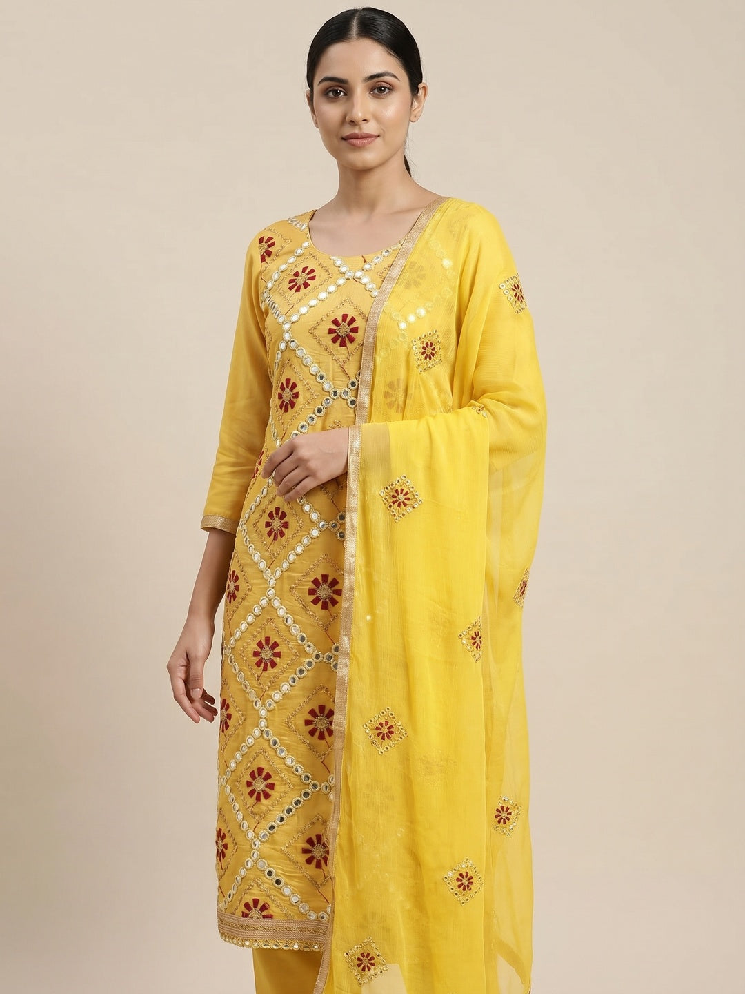 Yellow Embroidered Modal Dress Material - Image 1