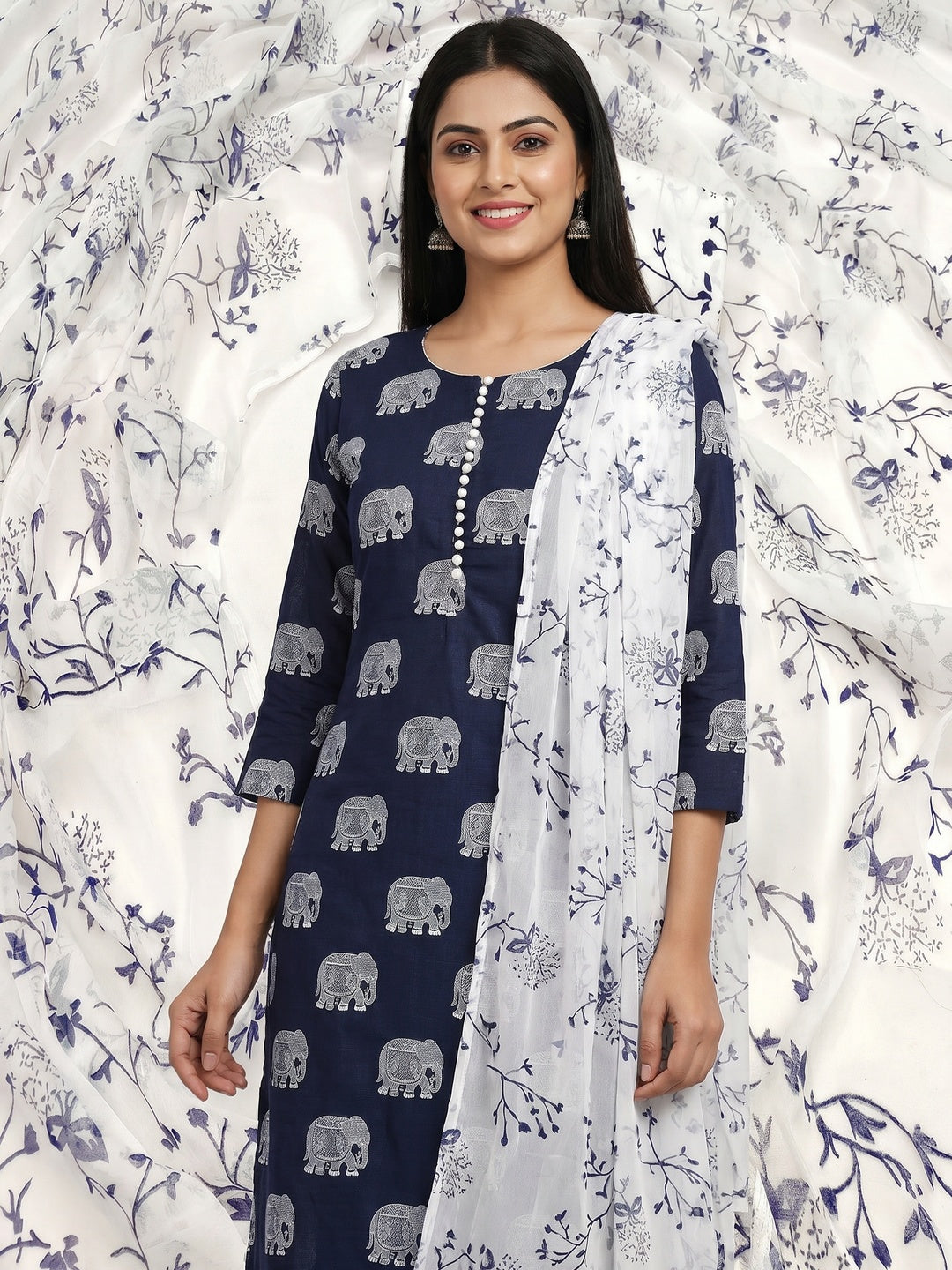 Navy Blue Printed Cotton Blend Dress Material - Image 1