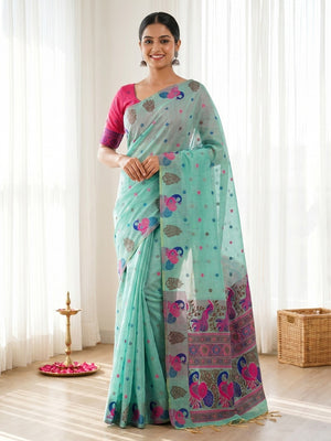 Elegant Turquoise Cotton Blend Saree with Traditional Peacock Woven Motifs - Image 1