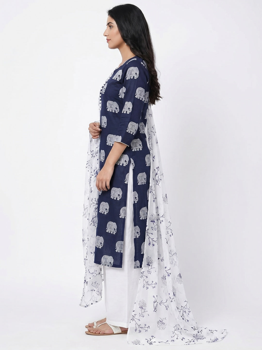 Navy Blue Printed Cotton Blend Dress Material - Image 2