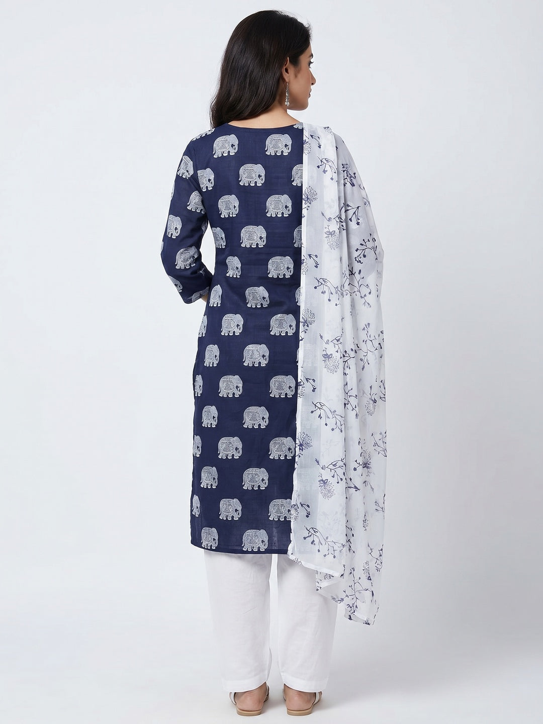 Navy Blue Printed Cotton Blend Dress Material - Image 3