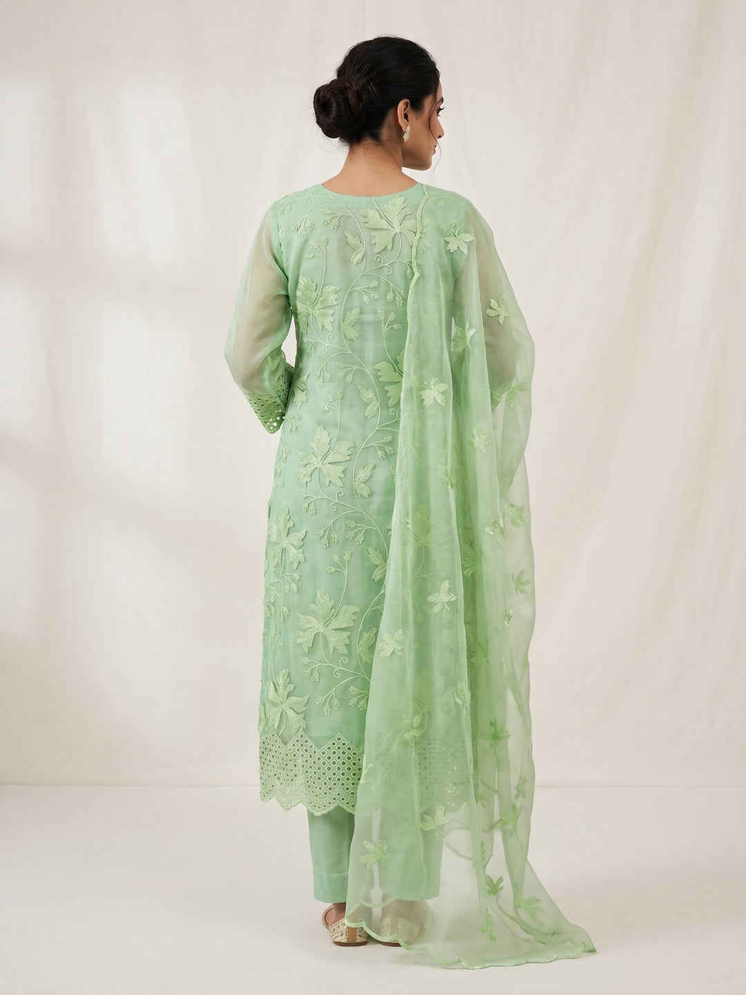 Pista Green Embroidered Organza Dress Material - Image 3