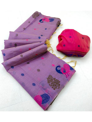 Elegant Purple Cotton Blend Saree with Traditional Peacock Woven Motifs - Image 2