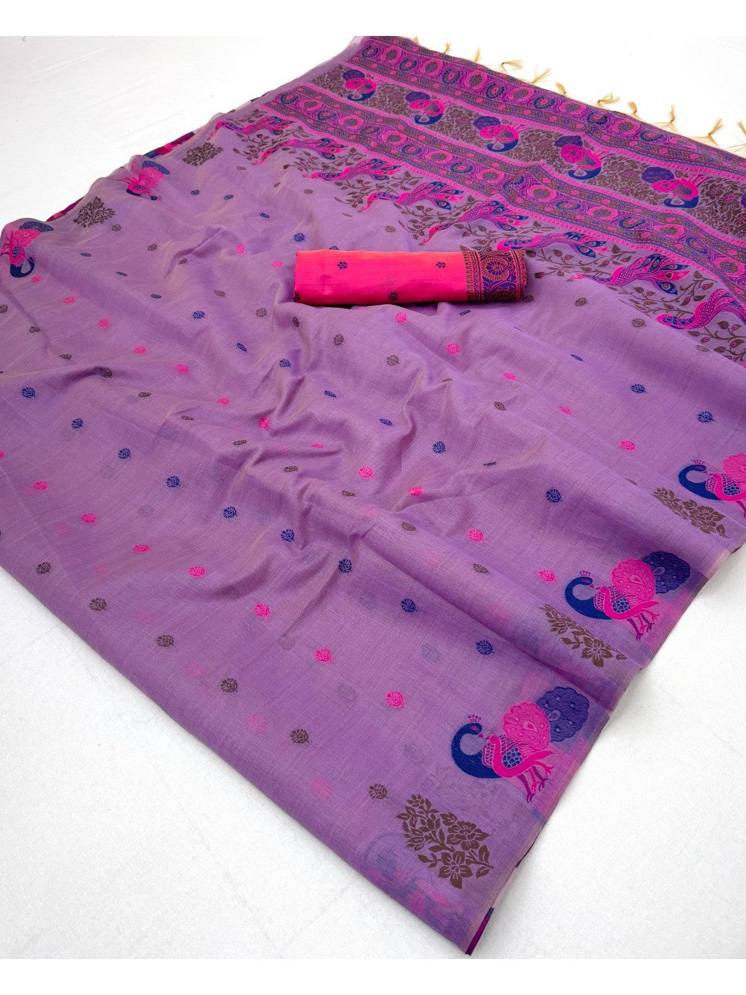 Elegant Purple Cotton Blend Saree with Traditional Peacock Woven Motifs - Image 3