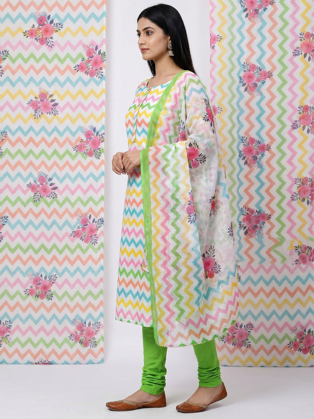Multicolour Printed Kota Doriya Dress Material - Image 3