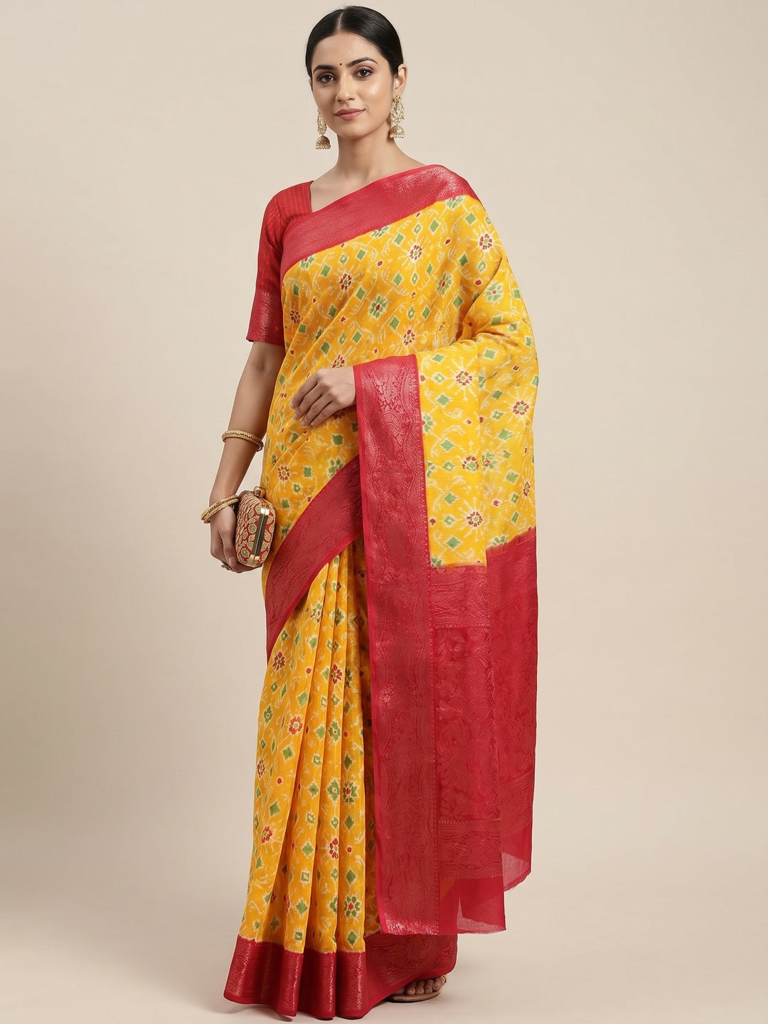 Yellow Ikkat Printed Pure Cotton Saree - Image 1