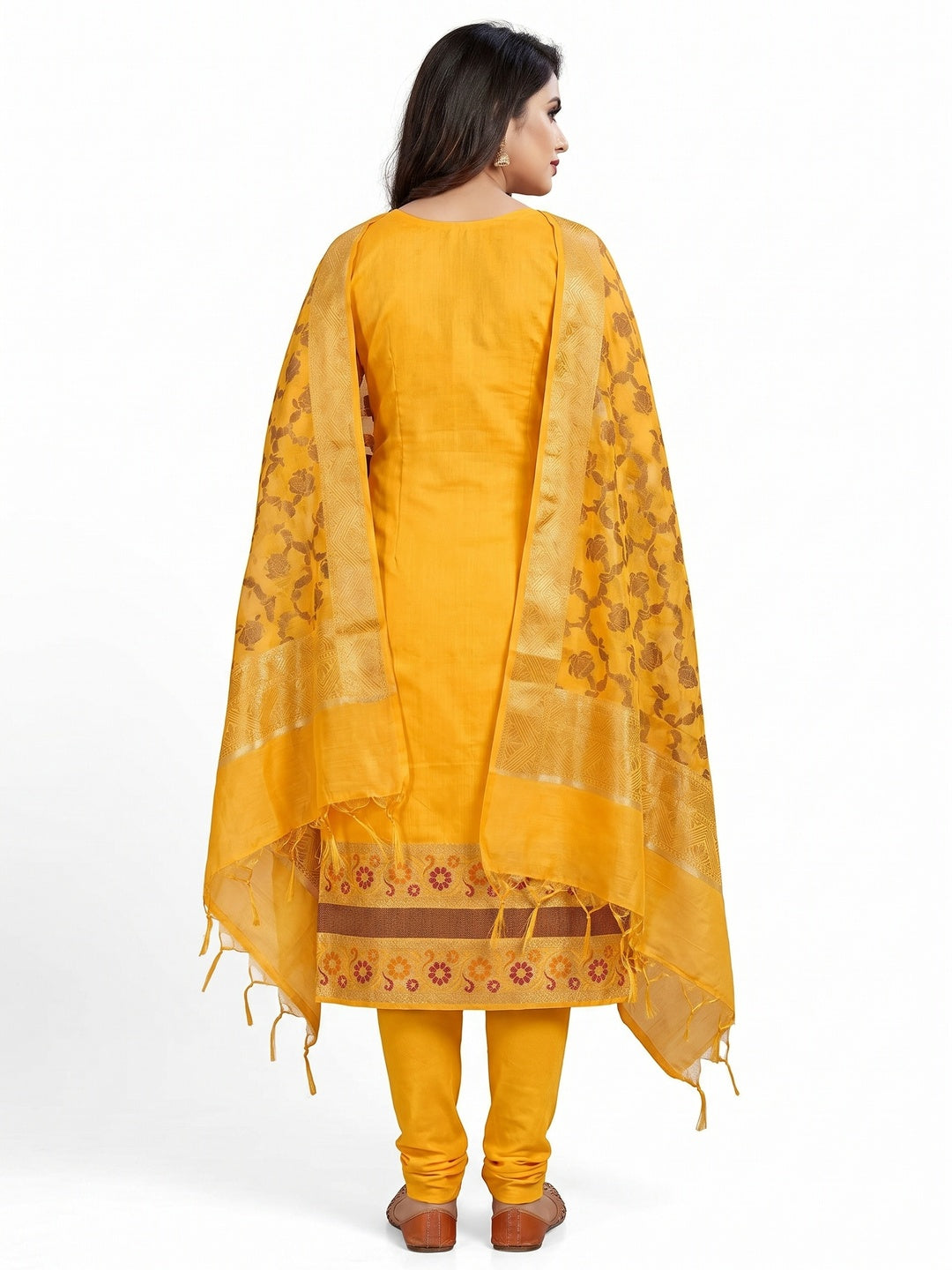 Yellow Woven Banarasi Jacqaurd Dress Material - Image 3