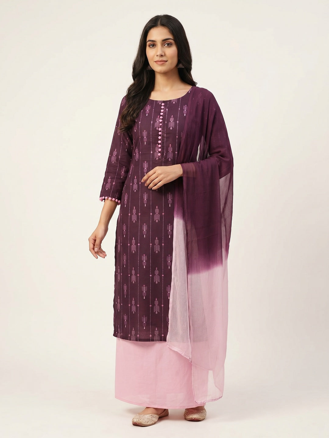 Wine Printed Cotton Dress Material - Image 1