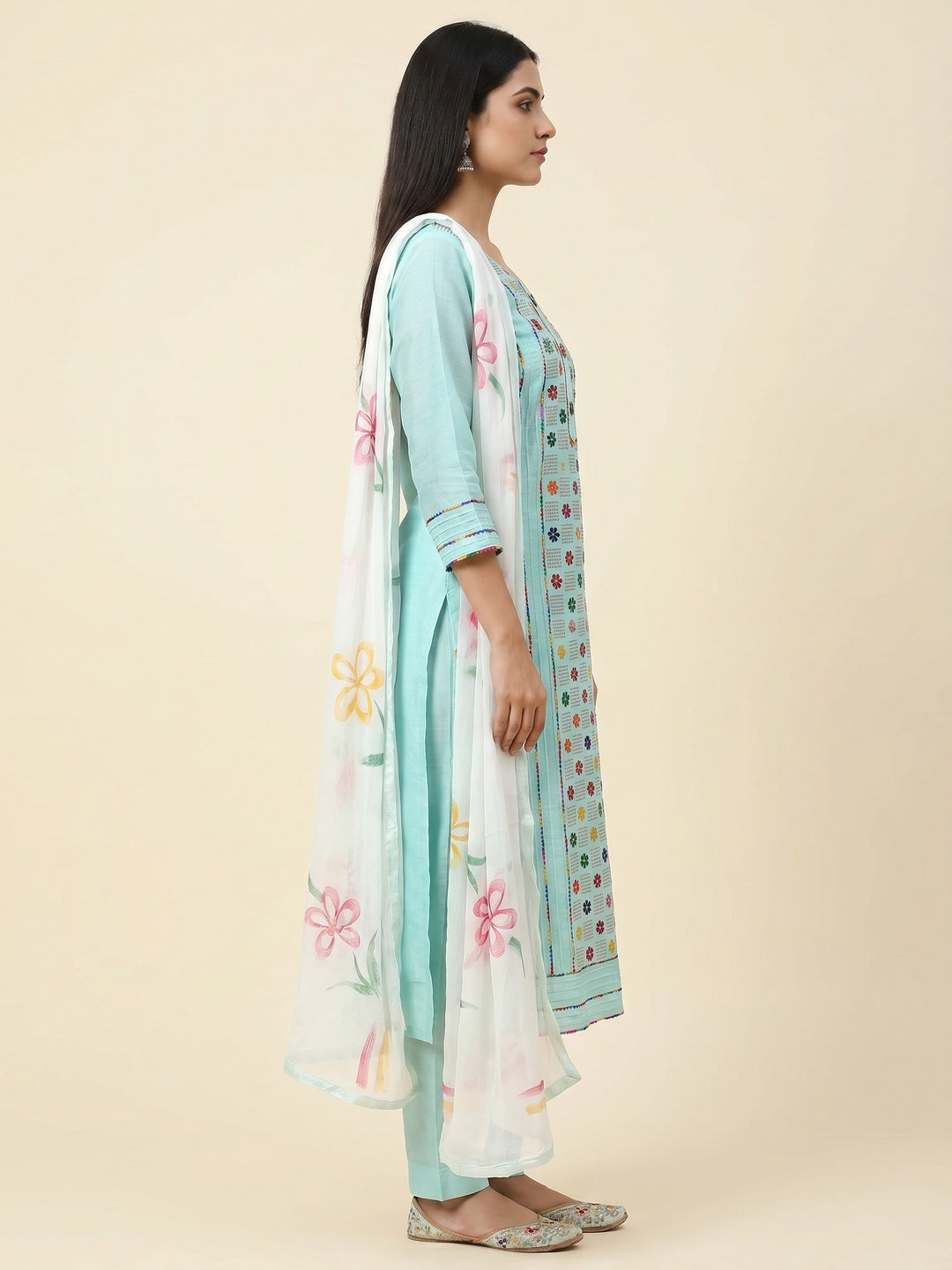 Blue Floral Embroidered Chanderi Dress Material - Image 2