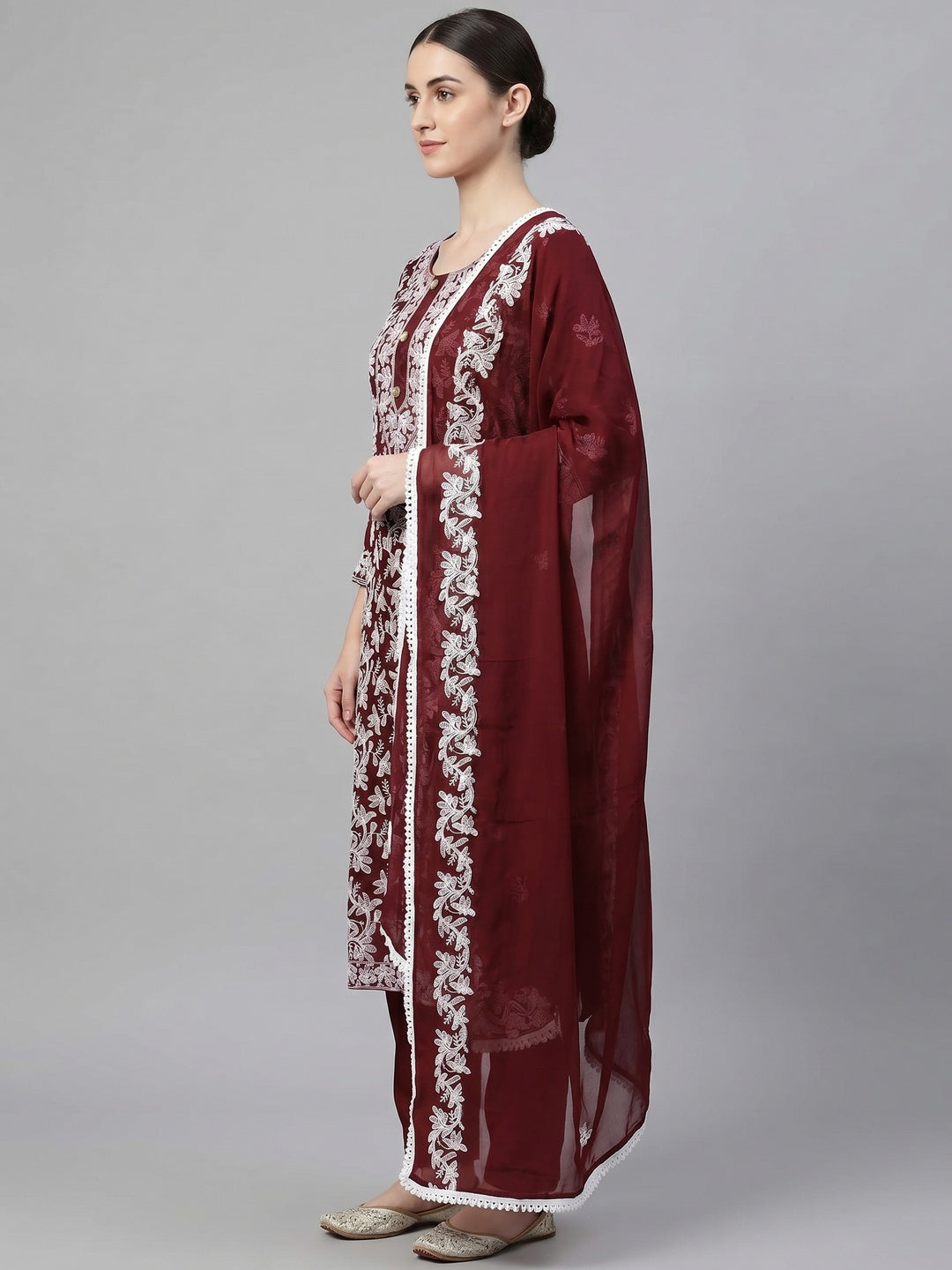 Maroon Lucknowi Embroidered Modal Dress Material - Image 3