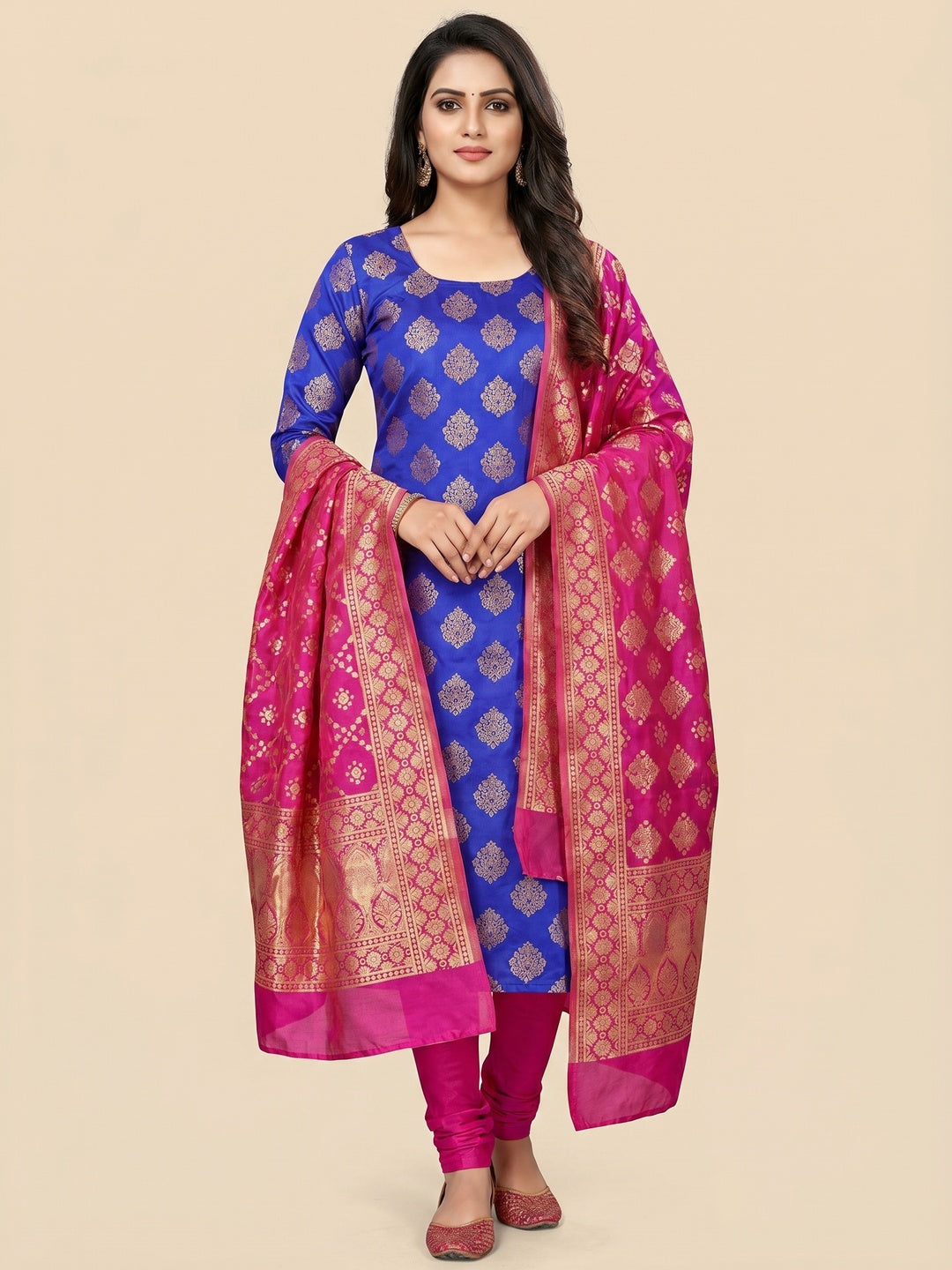 Blue Woven Banarasi Silk Dress Material - Image 1