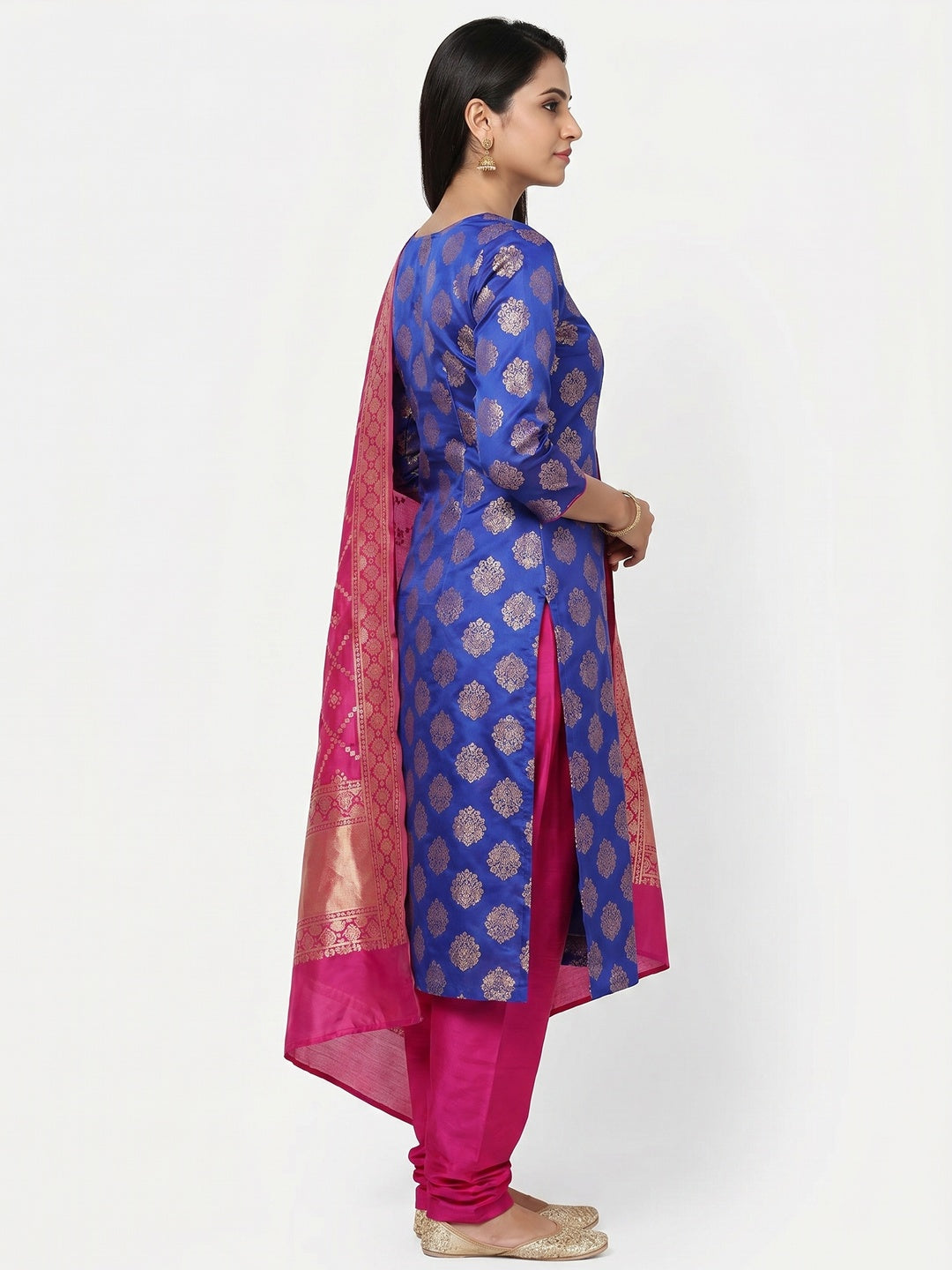 Blue Woven Banarasi Silk Dress Material - Image 2