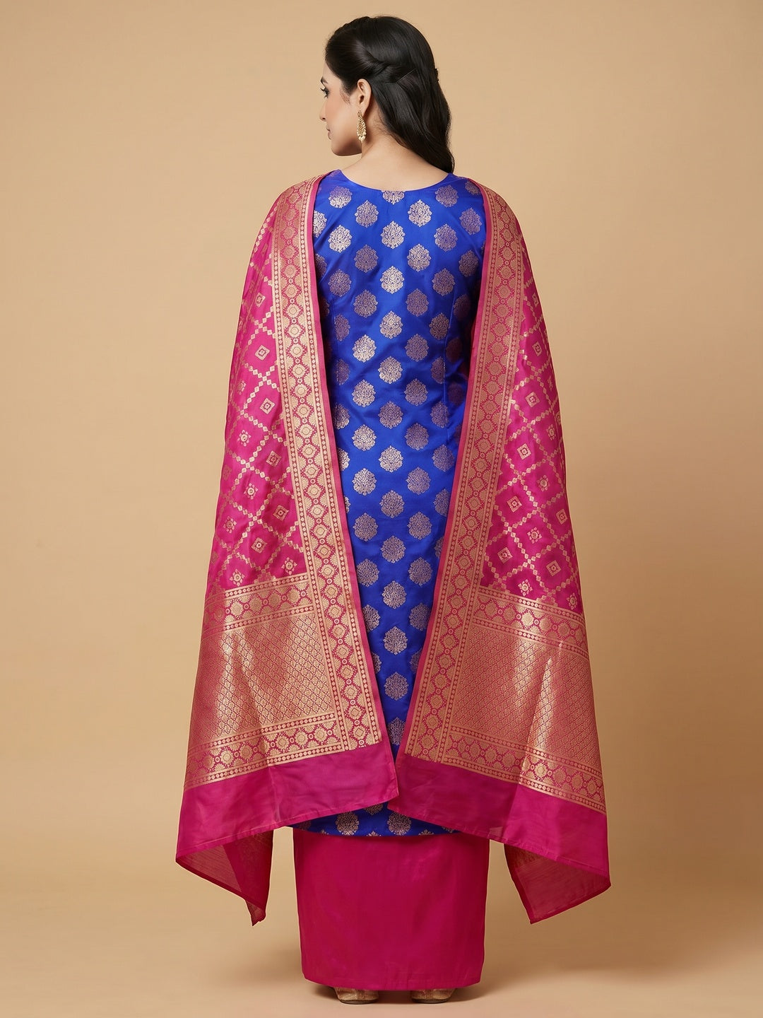 Blue Woven Banarasi Silk Dress Material - Image 3