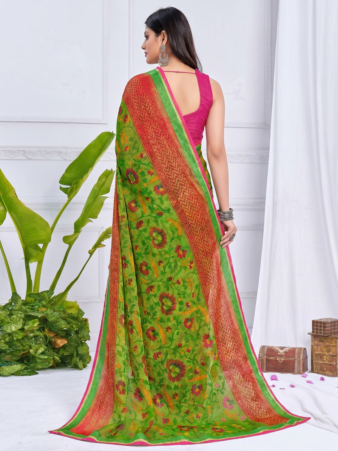 Green Floral Printed Chiffon Saree - Image 1