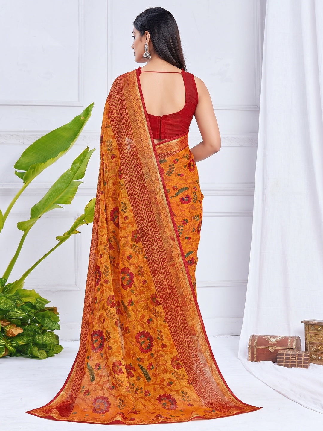 Mustard-Yellow Floral Printed Chiffon Saree - Image 1