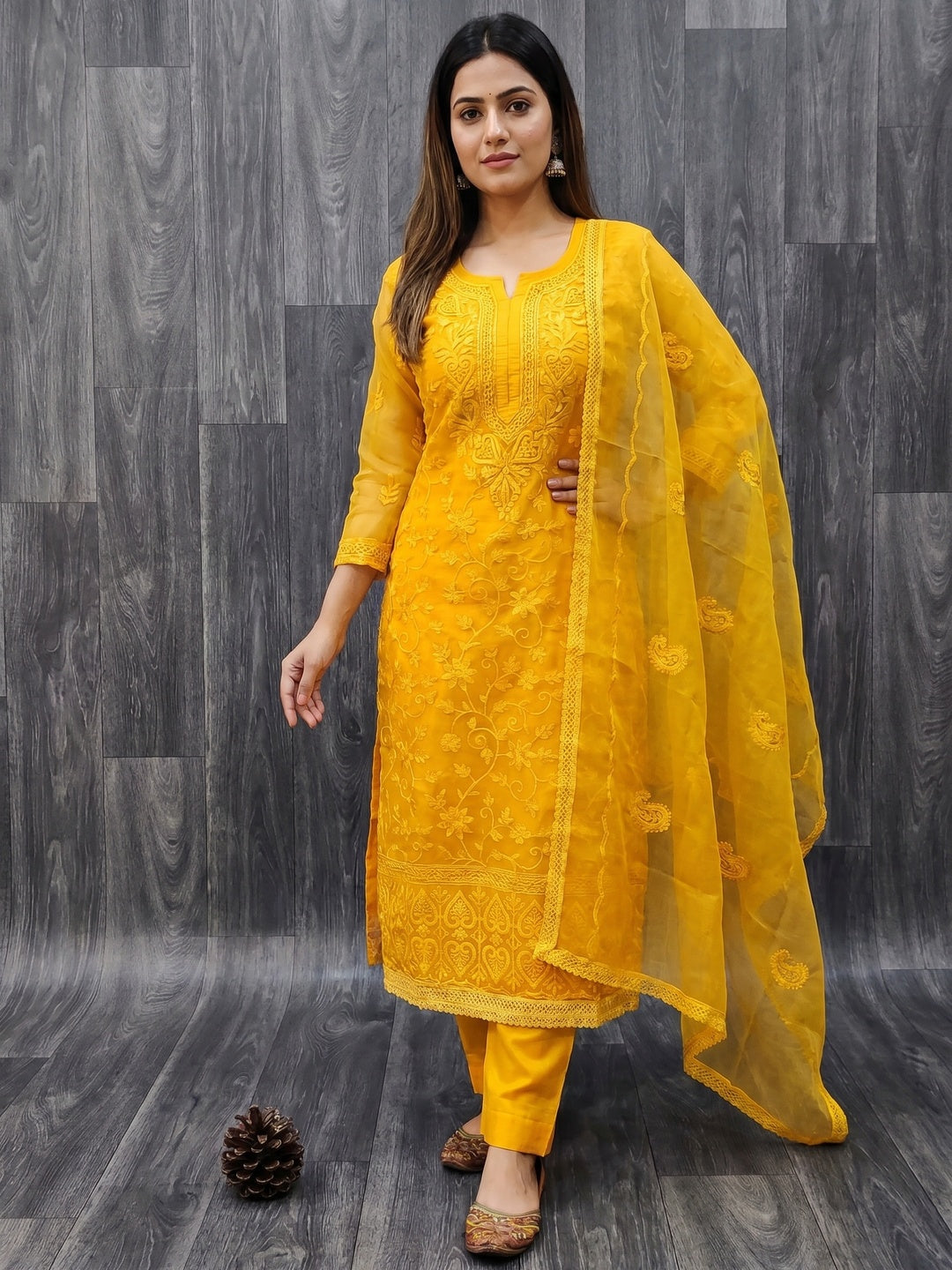 Yellow Lucknowi Embroidered Organza Dress Material - Image 1