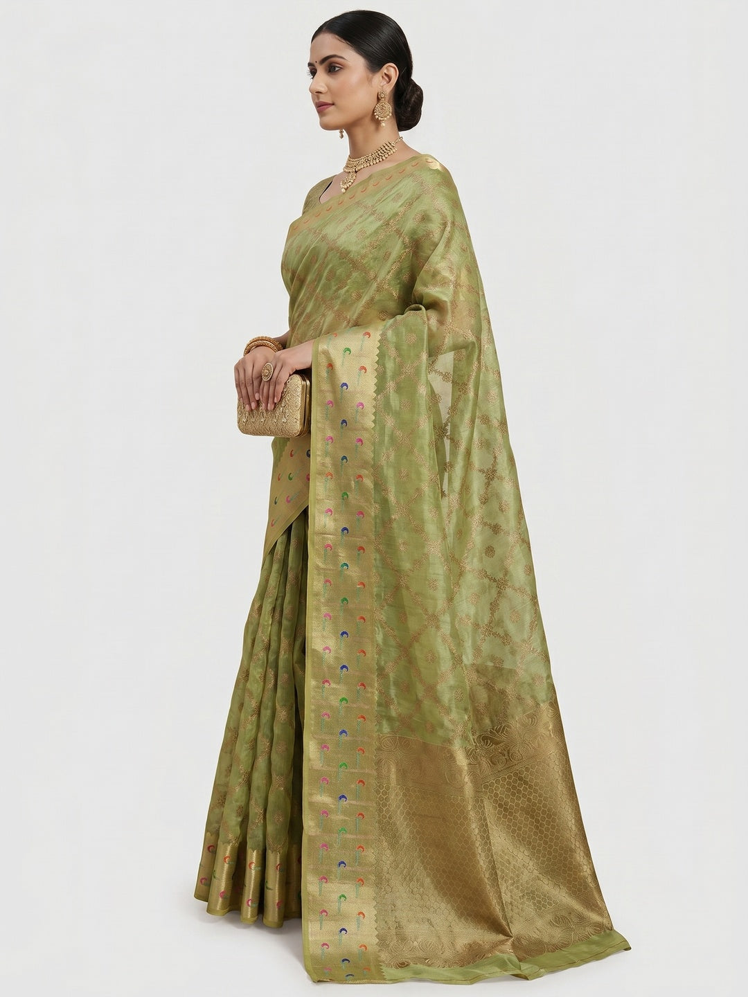 Green Woven Organza Saree - Image 2