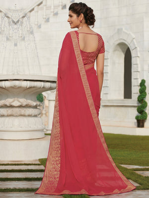 Energetic Pink Colored Party Wear Embroidered Chiffon Saree - Image 1